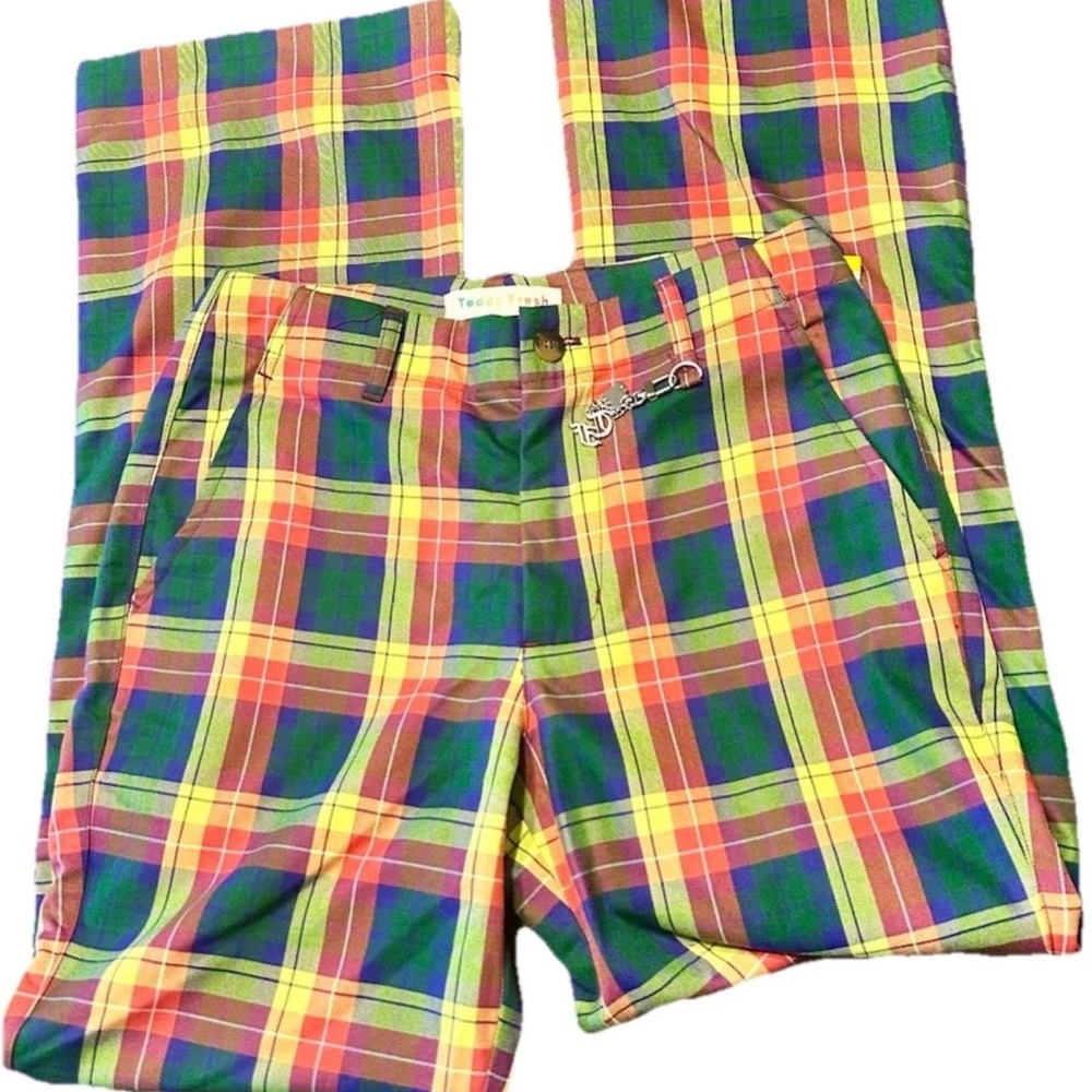 Teddy Fresh Multicolor Plaid Straight Leg Pants Rainbow Tartan Bear Charm Sz 26 - Picture 4 of 12